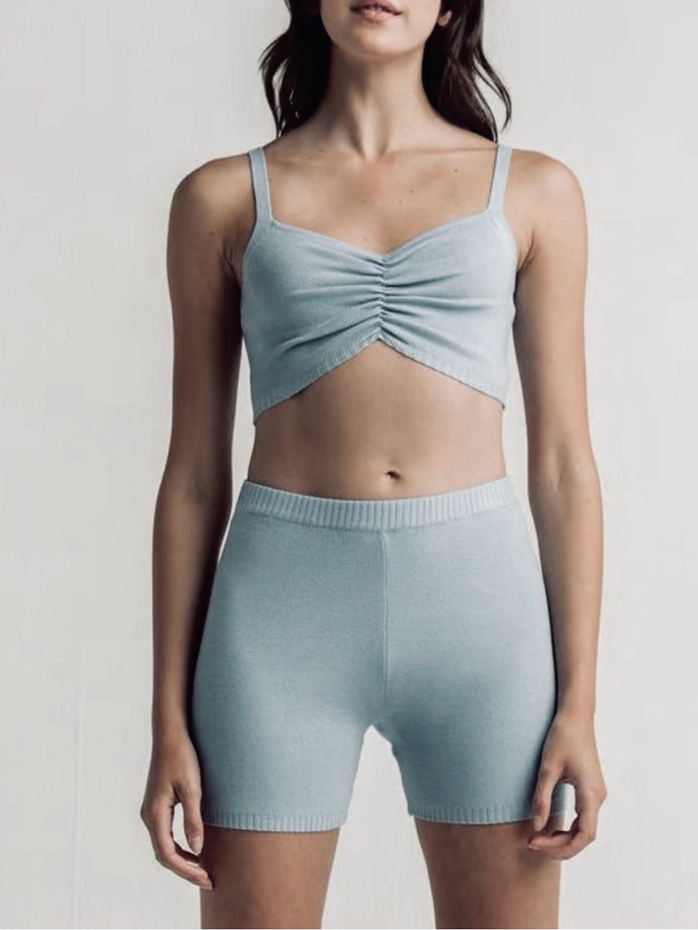 Full Tilt 2 piece Light Blue Ribbed Knit Crop Top & Shorts Set